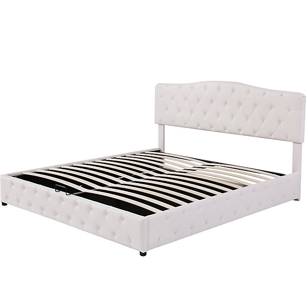 Lit adulte lit 180x200 cm lit rembourré hydraulique lit sommier à lattes lit de rangement lit double pu blanc