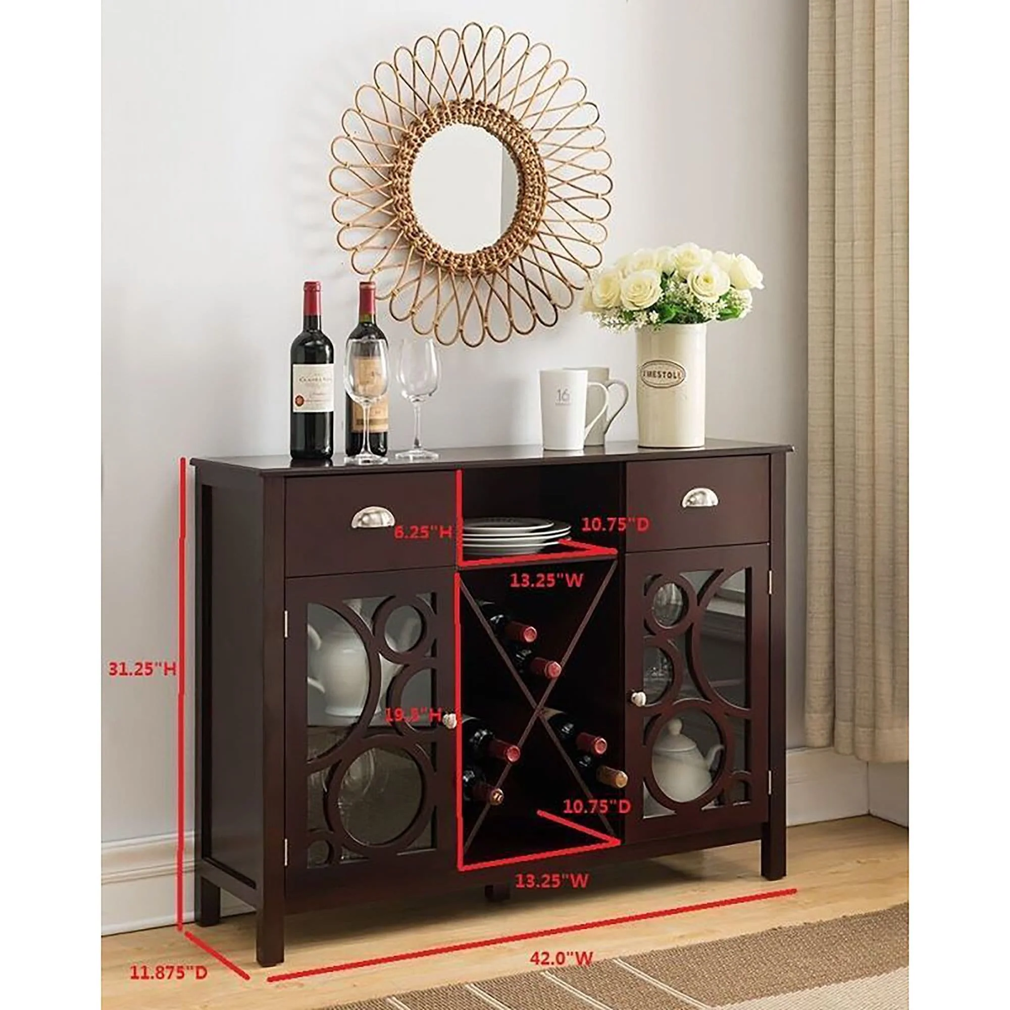 Buffet Server Storage Sideboard Wine Cabinet, Cherry