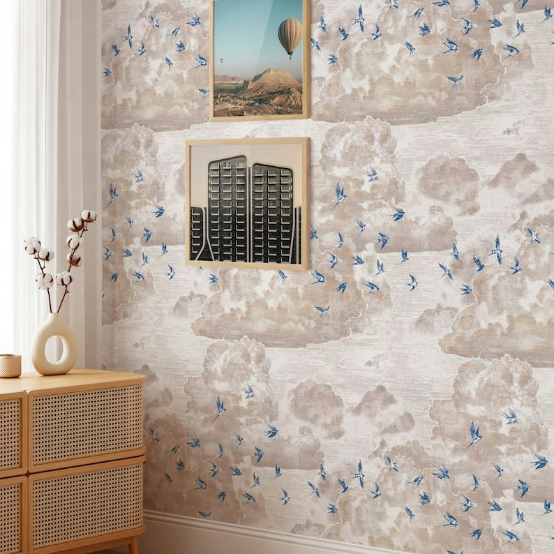 VINTAGE - Papier Peint Nuages au Coucher du Soleil avec Hirondelles 250x200 cm