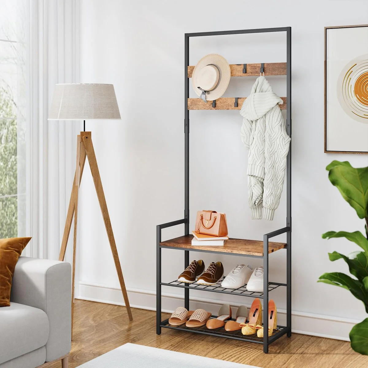 Coat Rack Shoe Bench, Hall Tree Entryway Storage Bench, Wood Look Accent Furniture with Metal Frame, 3-in-1 Design