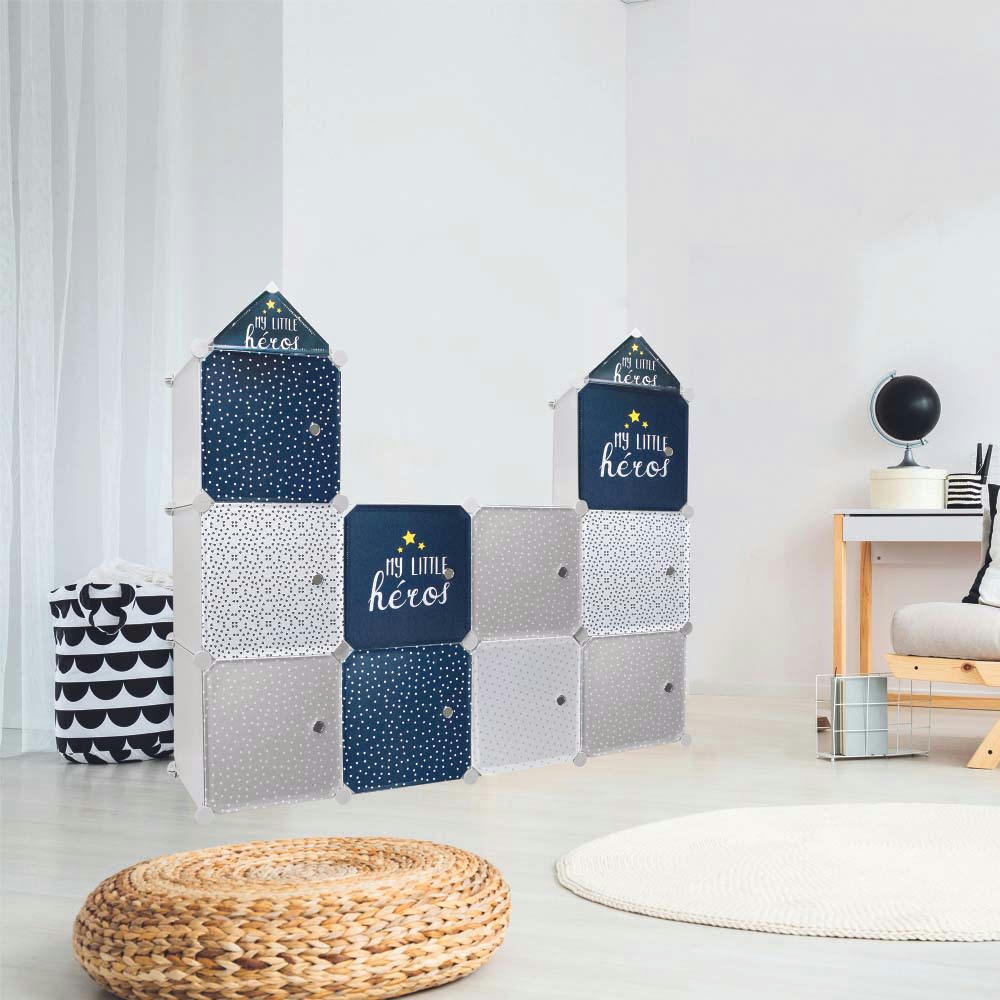 - Rangement enfant 3 cubes modulables 30x30 bleu et gris