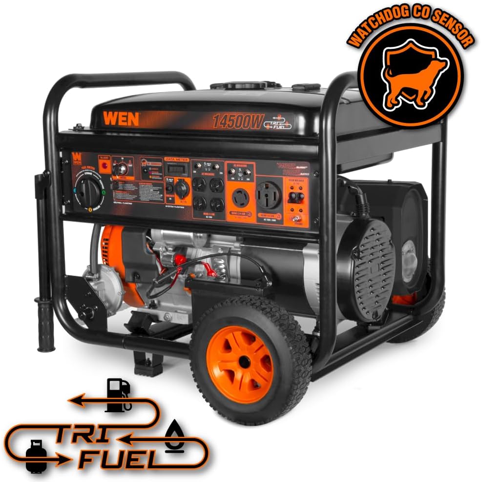 WEN 14 500-Watt 120V/240V Tri-Fuel Generator for Gas  Propane  and Natural Gas  Transfer-Switch Ready with Electric Start  Wheel Kit  and CO Watchdog (TF1450X)