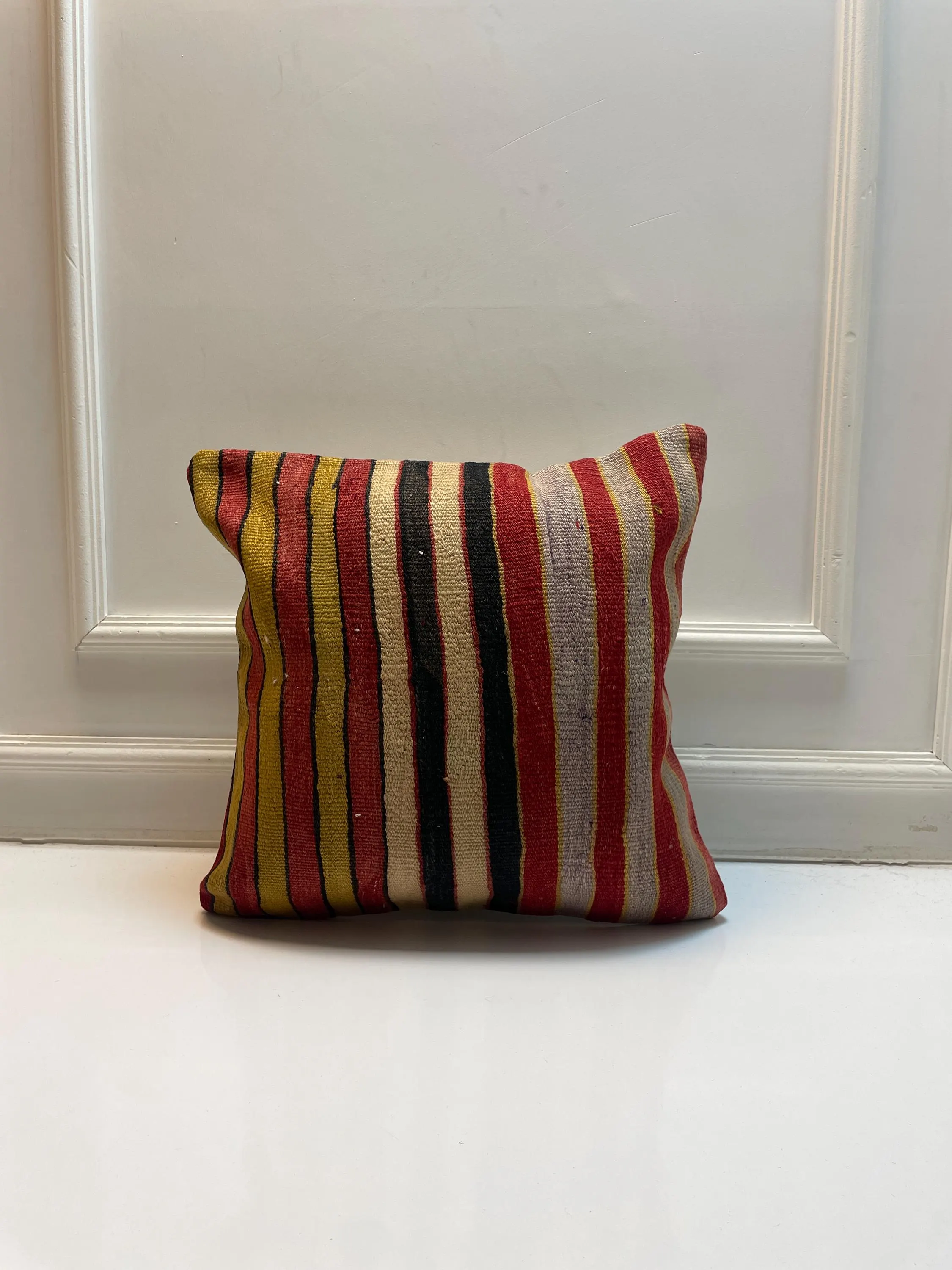 Vintage Turkish Kilim Pillow Cover, Red and Mustard Striped Cushion, Handwoven Boho Throw Pillow