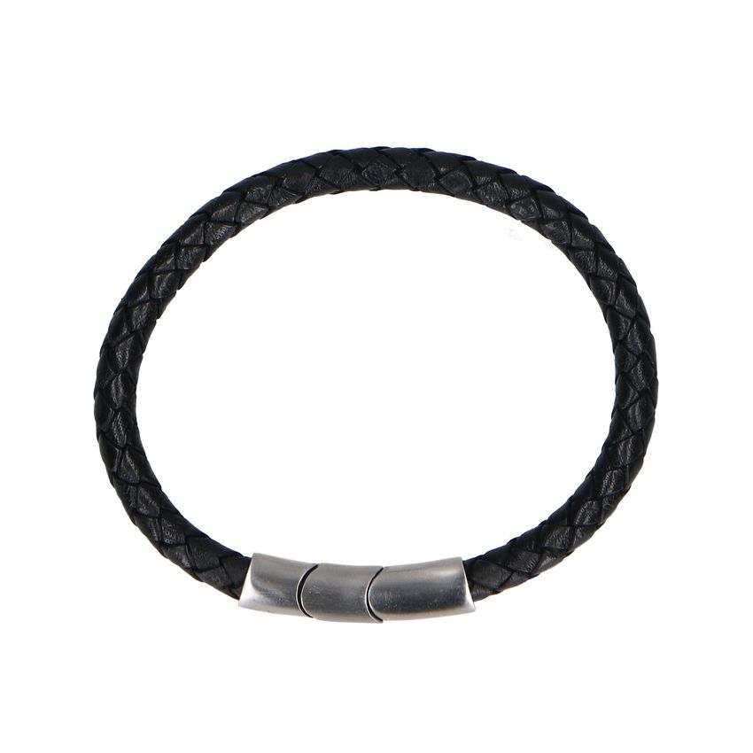 Manfield Zwarte leren gevlochten heren armband