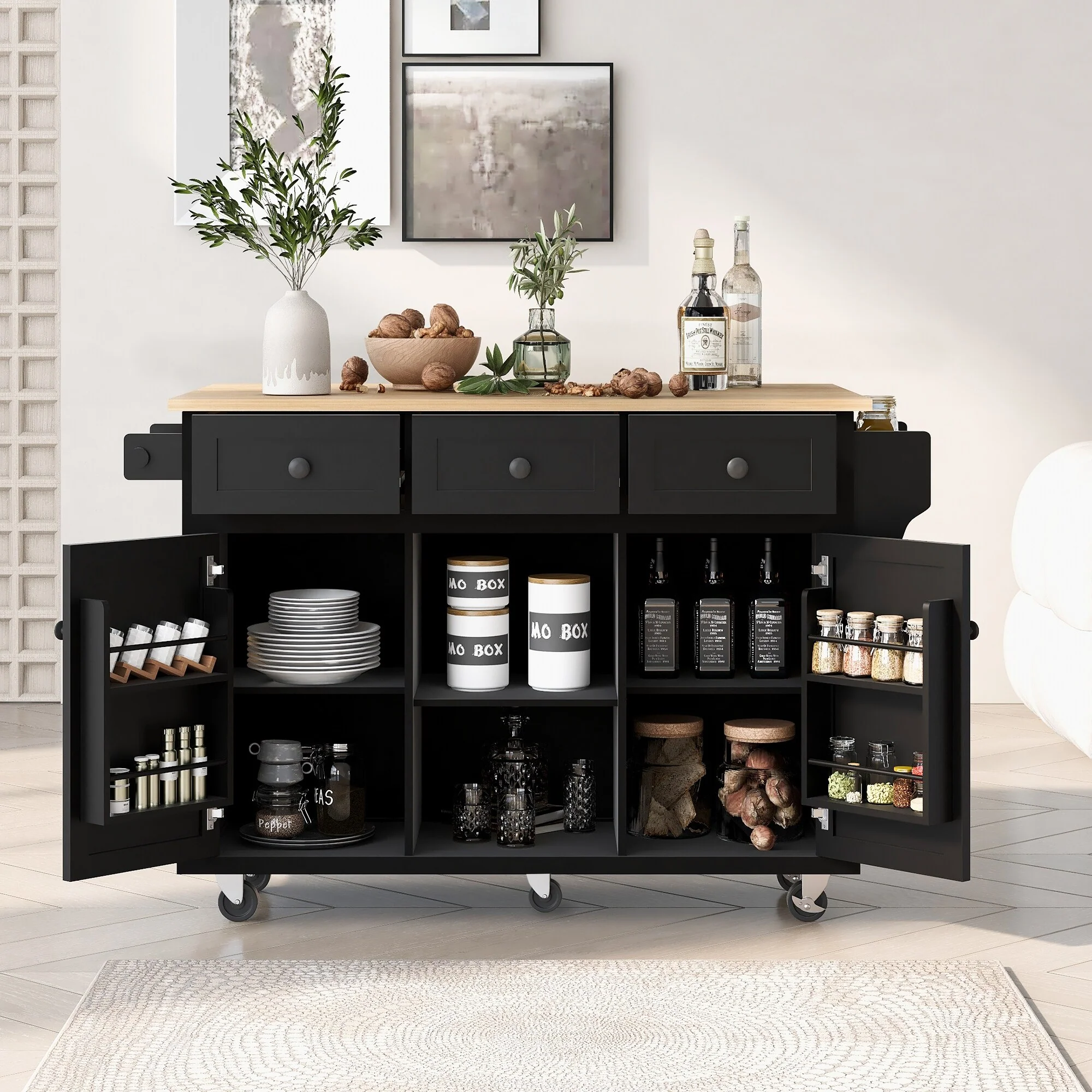 Kitchen Island Cart on 5 Wheels, Breakfast Bar Cabinet, Rolling Kitchen Island with Drop Leaf, 3 Drawers & Removable Shelves