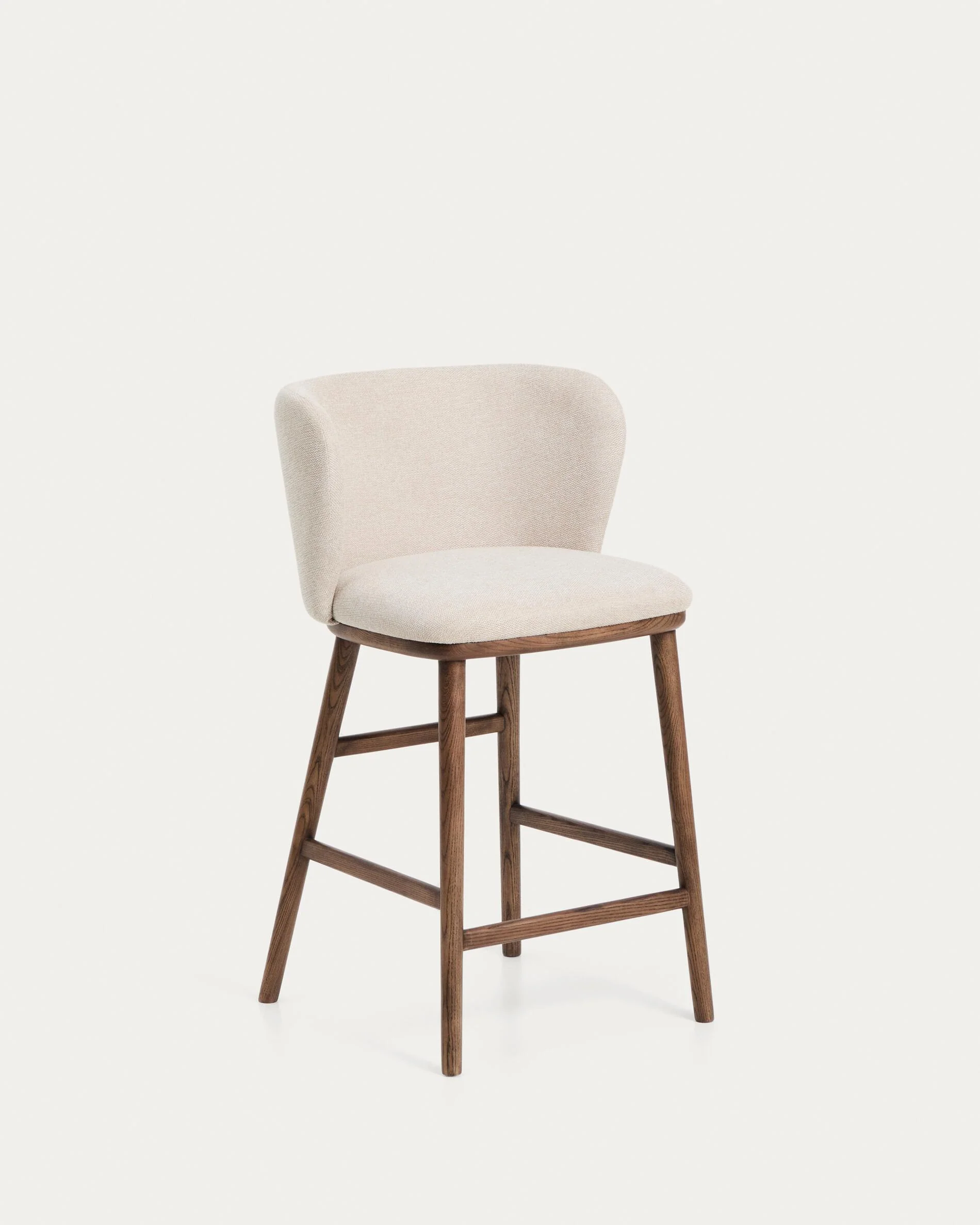 Ciselia beige chenille stool with solid ash wood legs with walnut-coloured finish FSC Mix Credit 65cm