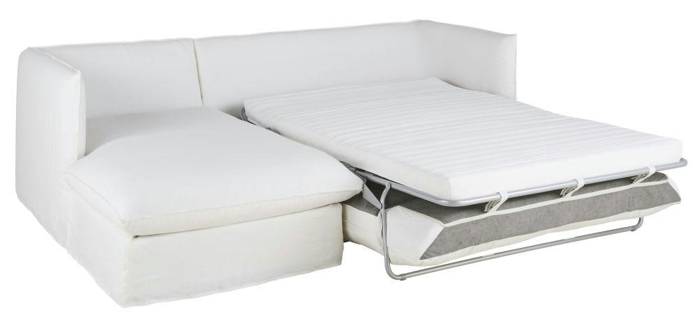 Louvain - Canapé d'angle gauche convertible 3/4 places en lin froissé blanc, matelas 10 cm