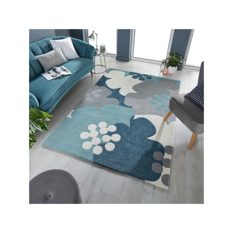 RETRO - Tapis de salon à motifs fleuris bleu floral 160 x 230