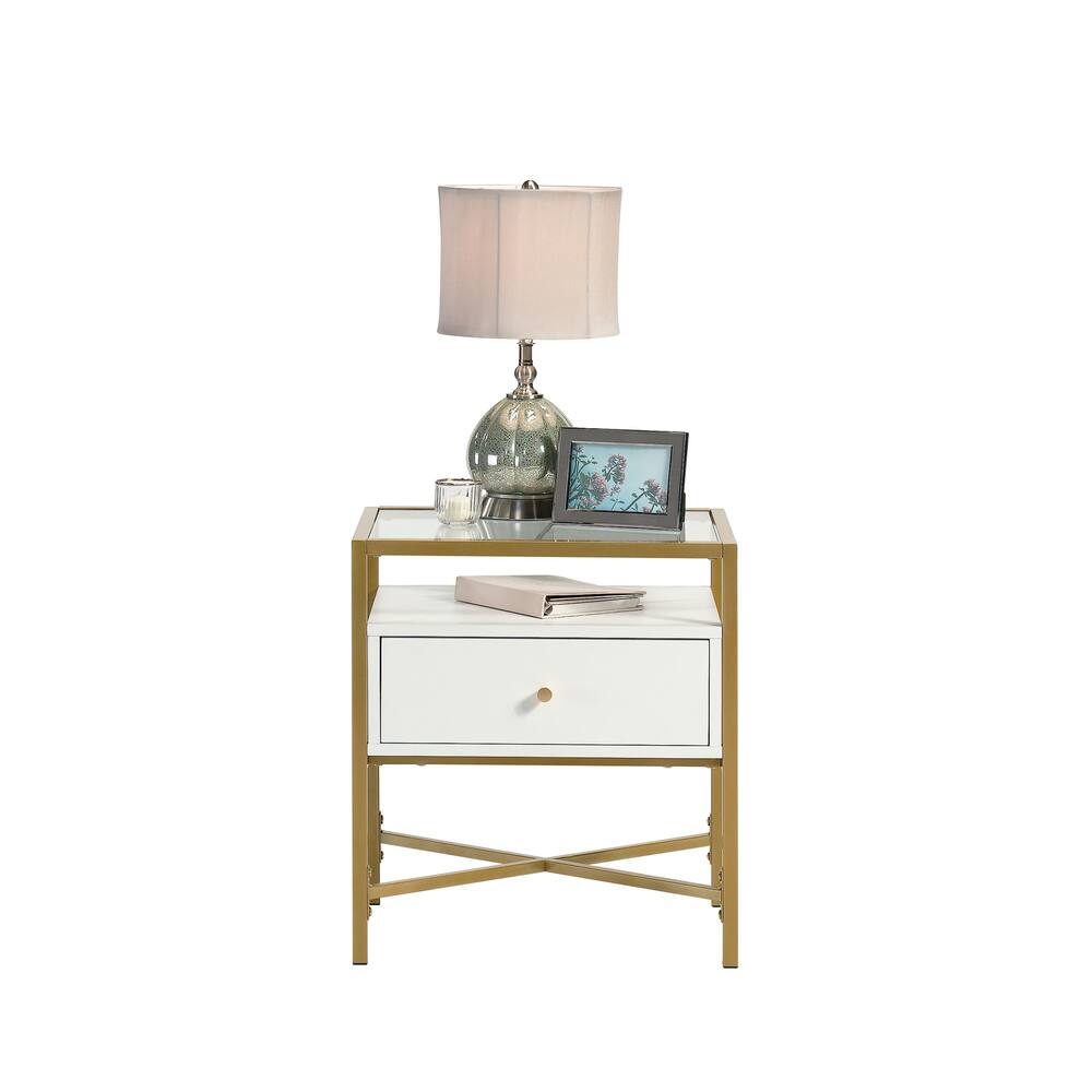 Sauder Harper Heights Tempered Glass Top End Table with Drawer, White