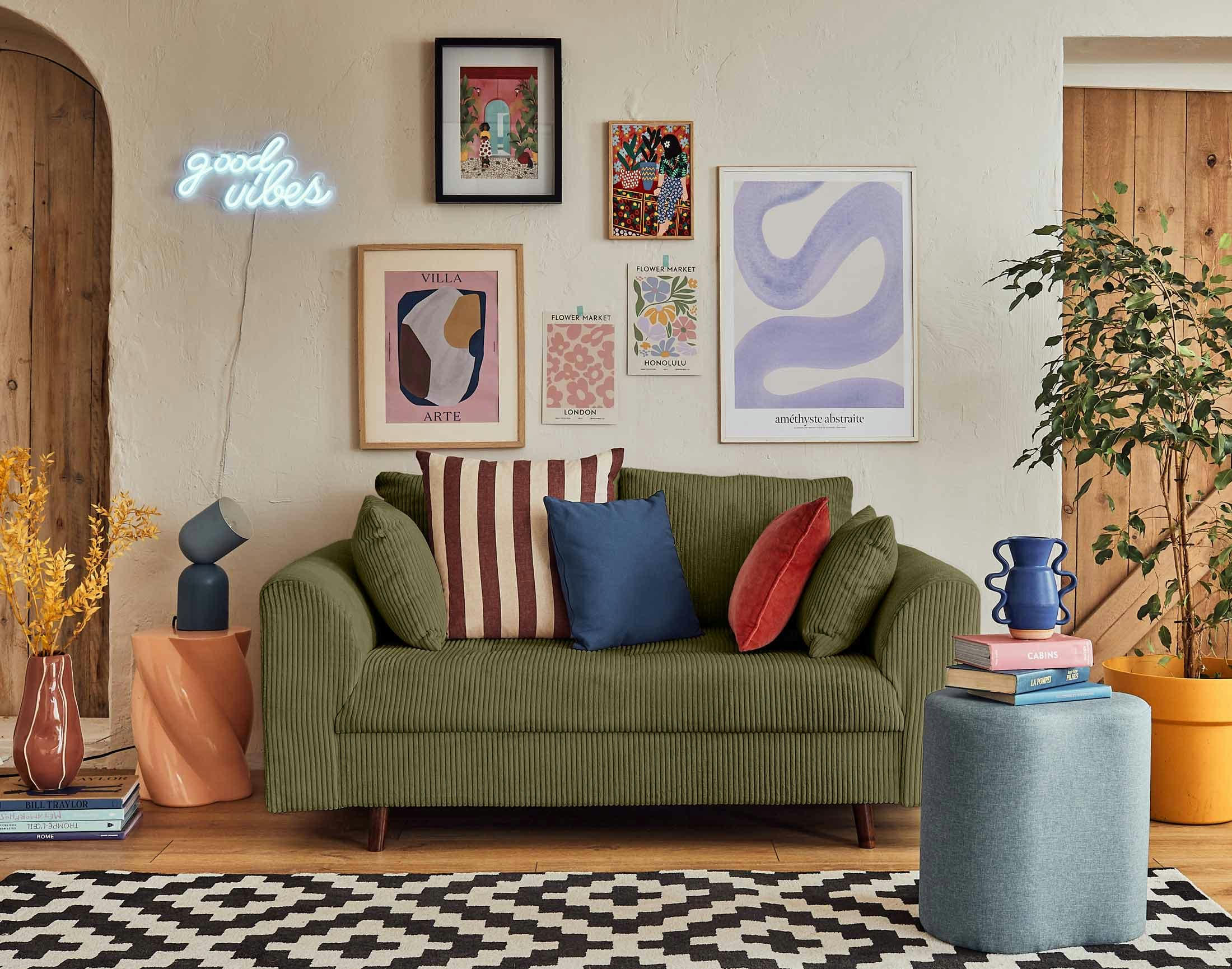 RUNE - Canapé droit 2 places en velours côtelé vert