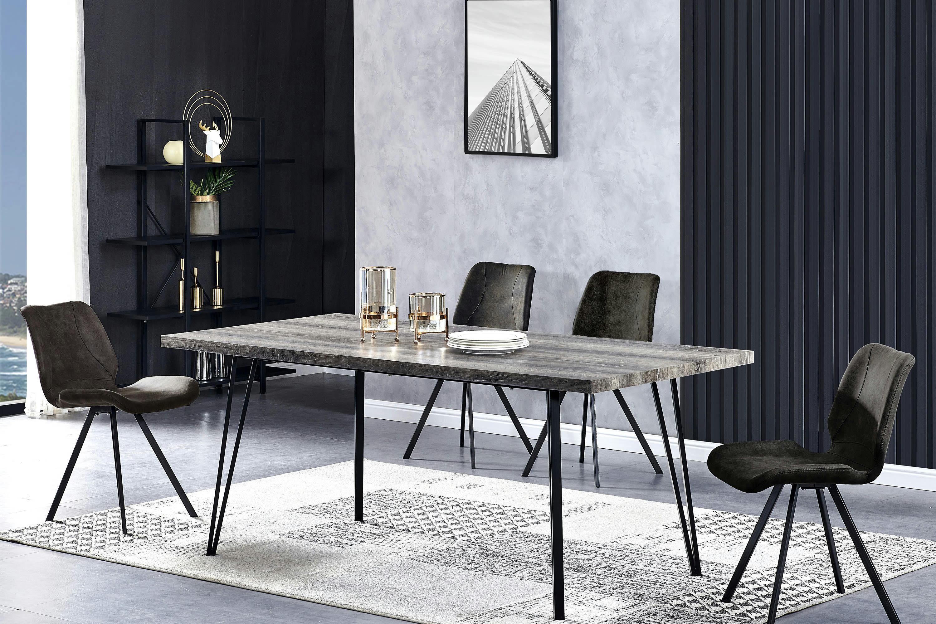 HORIZON - Chaise industrielle micro vintage marron foncé/métal noir brossé (x4)