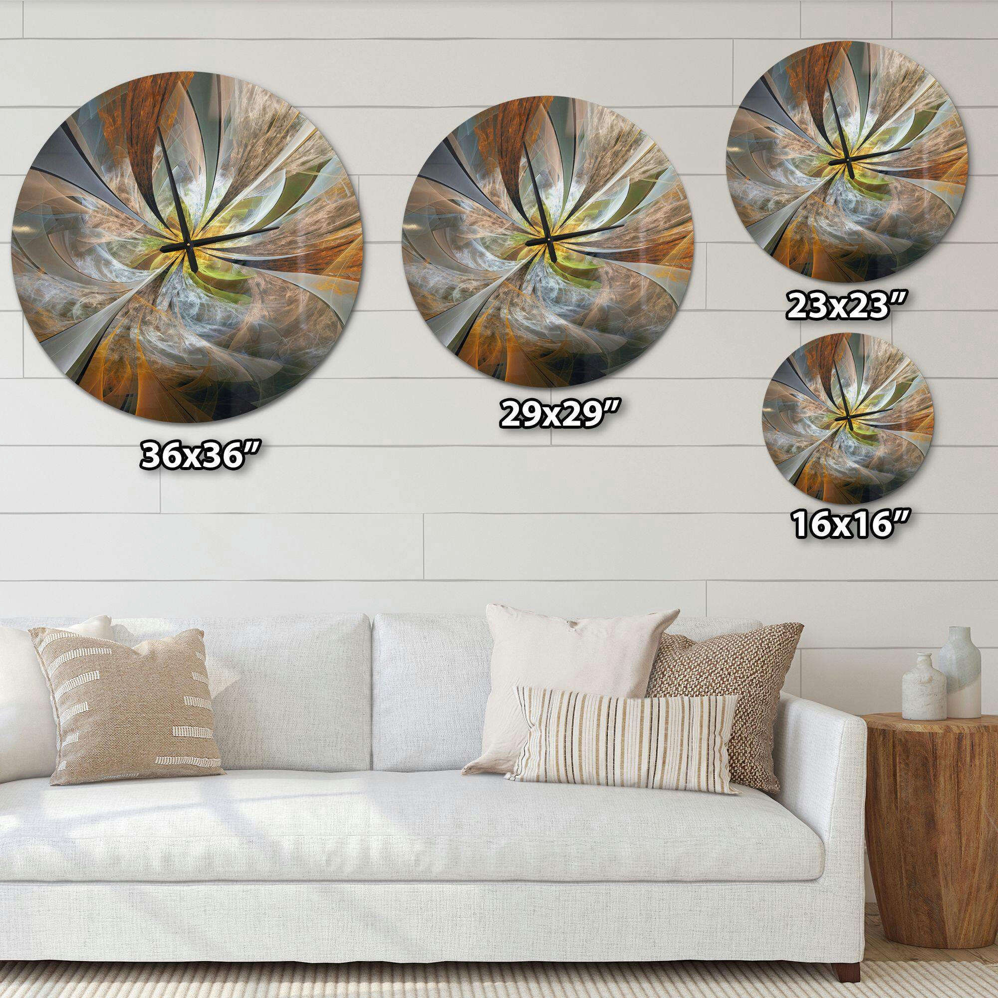 Designart Symmetrical Yellow Fractal Flower Modern Wall Clock, Assorted Sizes