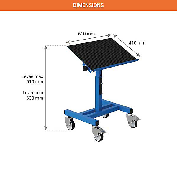 Chariot porte-bac inclinable et réglable - Plateau 610x140mm - Bleu industriel - Bac Europe - W020020011-BI