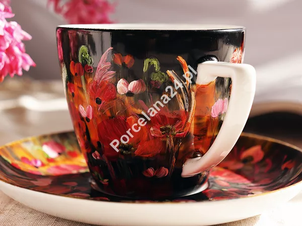 Filiżanka ze spodkiem 0,35 L / 17 cm ręcznie malowana - Kwiaty czarne (2) DA.FS35-2