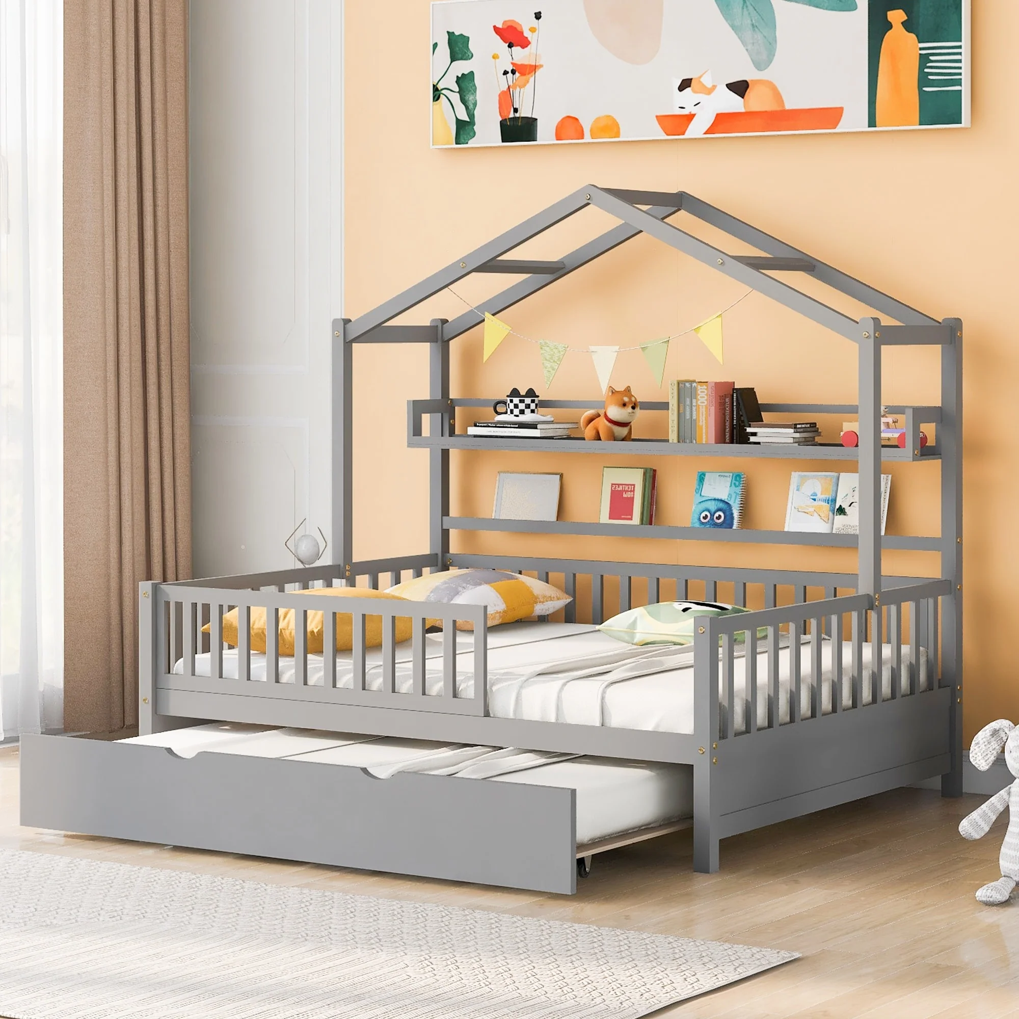 Full Size House Bed with Twin Trundle and Shelves, Kids Bed with Roof