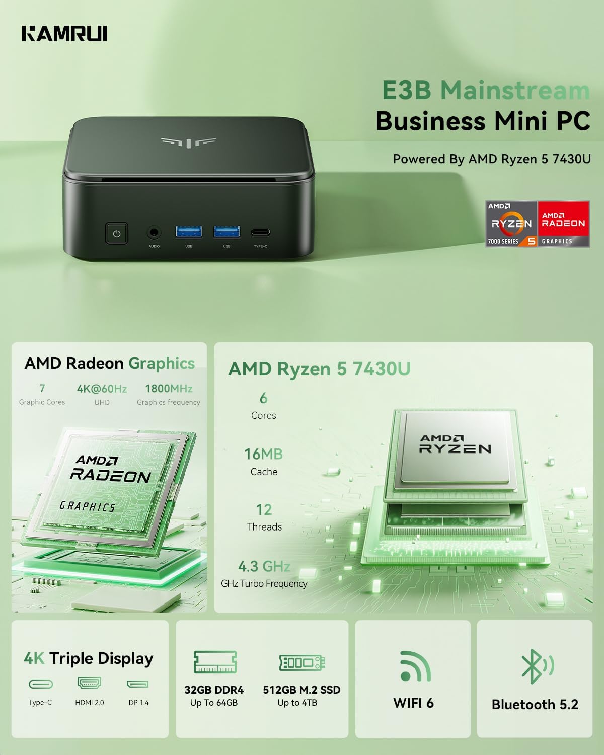 KAMRUI Mini PC  E3B 32GB RAM 512GB SSD Mini Gaming Computers AMD Ryzen 5 7430U Micro Desktop Computer (Max 4.3GHz 6C/12T  Beat 5650U)  Small PC Support WiFi 6  BT5.2  Triple Display for Office Home