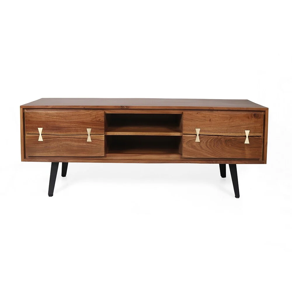 Natural Wood+Brown 58 TV Stand with Closed Cabinets & Open Shelves for Living Room