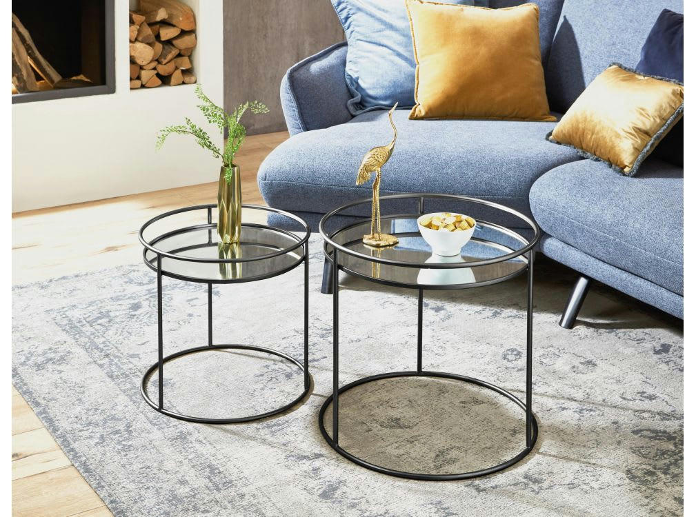 GRACE - Tables basses en métal et miroir lot de 2 - Noir