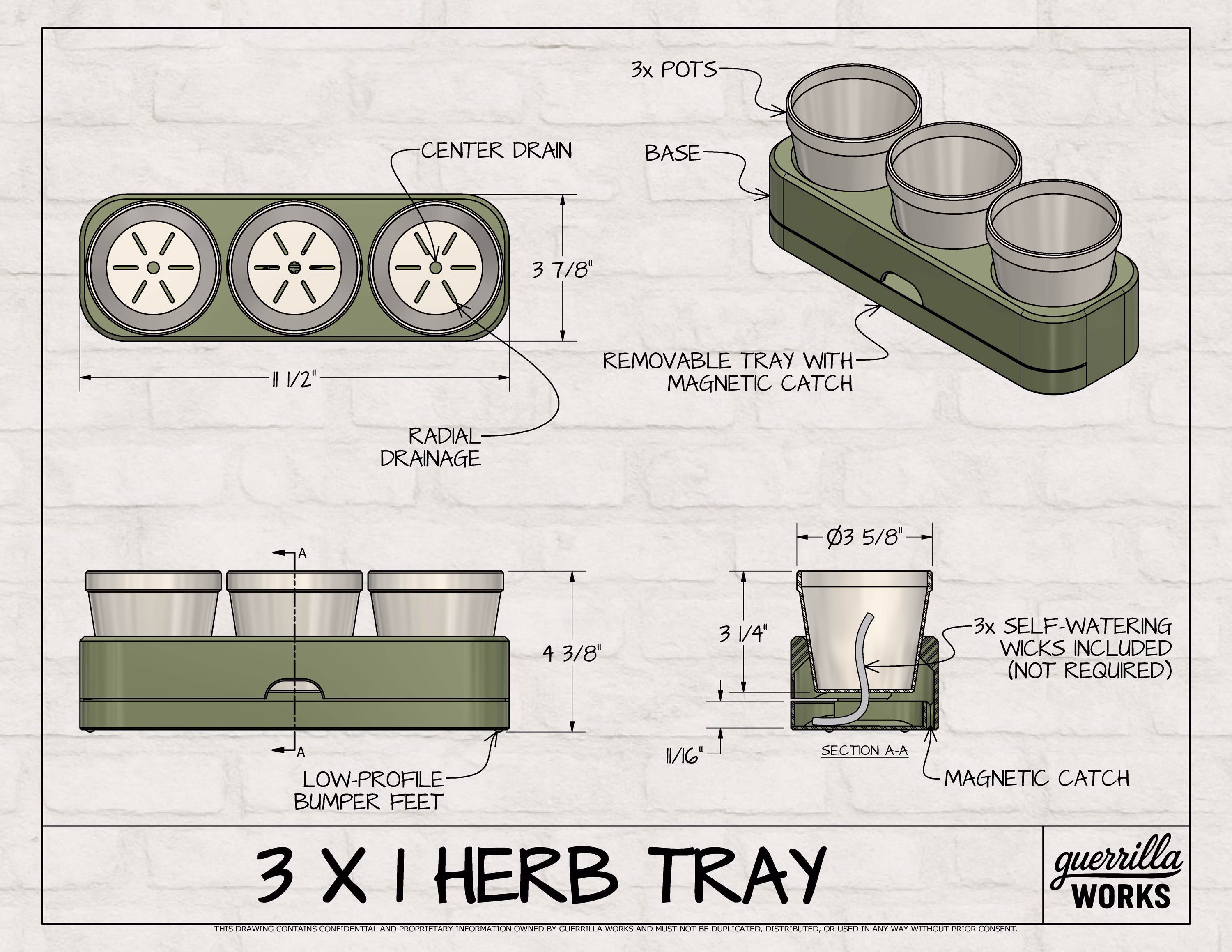 Self Watering Herb Tray with Drawer| 3 Pot Indoor Planter Holder for Kitchen Counter Garden | Starter Plant Propagation Station