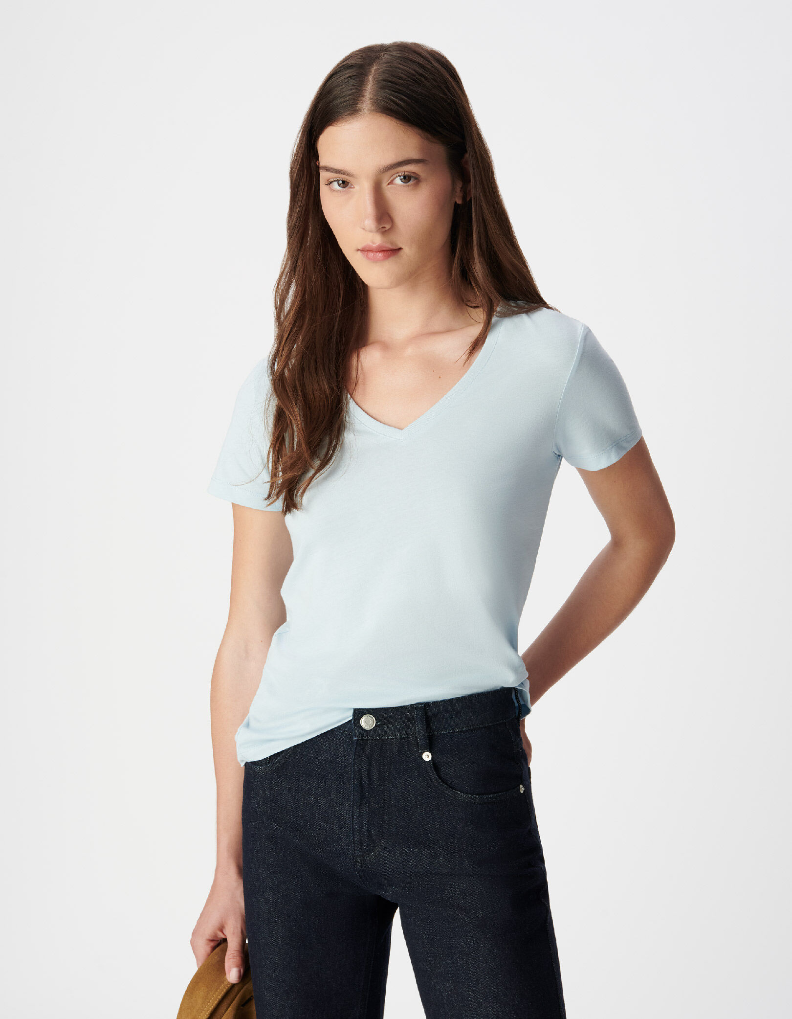 Tee-shirt col V bleu Femme