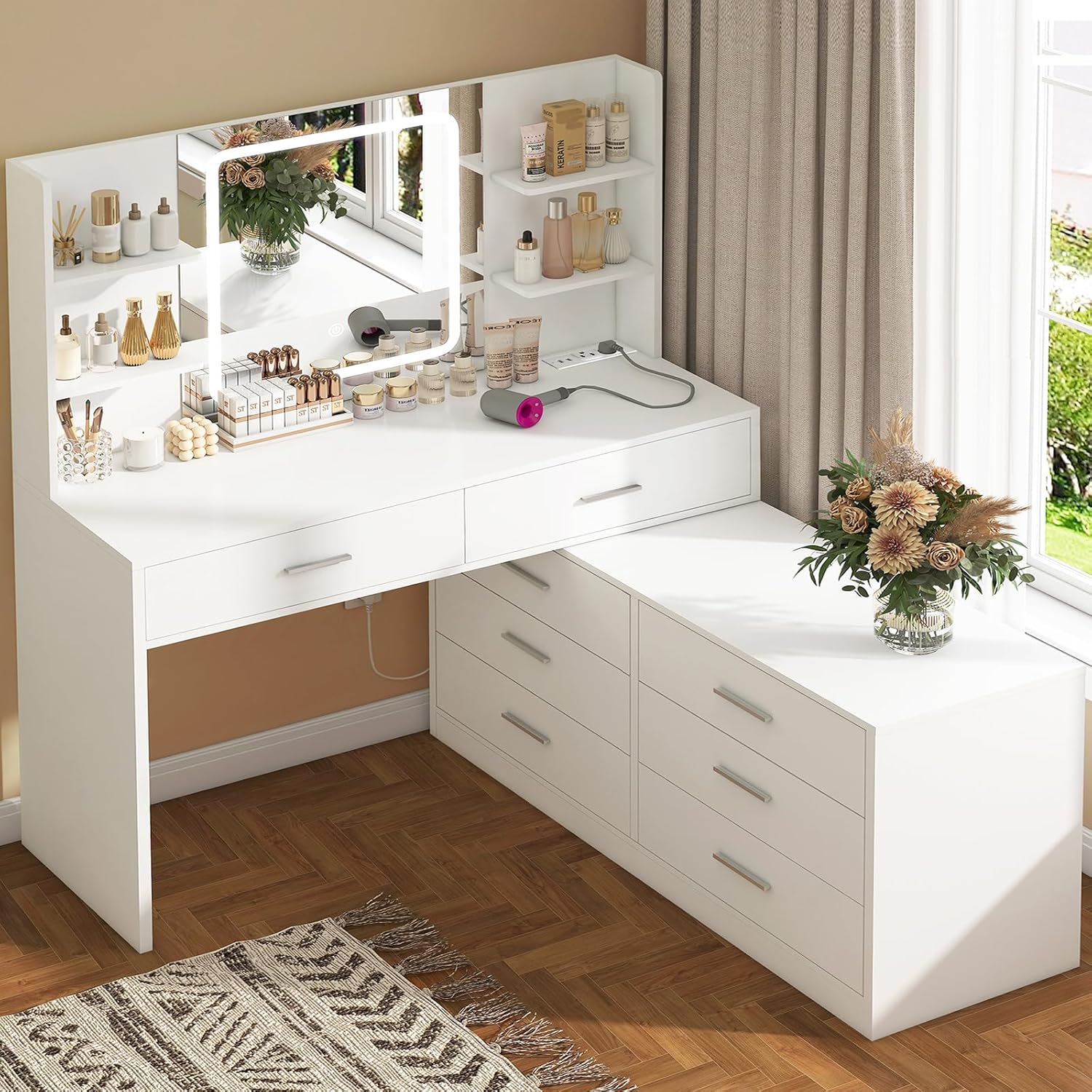 Vanity Desk with LED Light Mirror & Power Outlet, 8 Drawers, 6 Storage Shelves, 3 Color Modes & Adjustable Brightness Makeup Vanity, Corner Vanity, L Shape Vanity, 39.4”-64.9 Desk, White