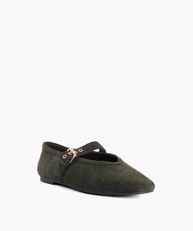 Herbs Khaki - Suede Buckle-Detail Ballet Flats