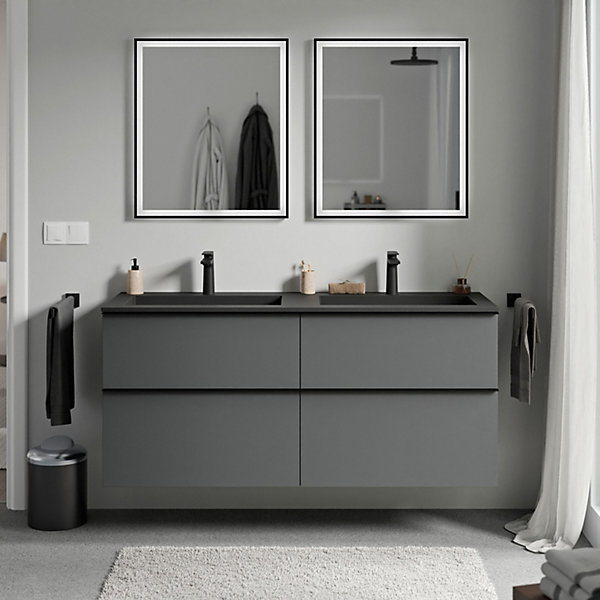 Meuble vasque suspendu MDF Anthracite mat, lavabo fonte Noir mat   trou robinet, poignée Noir mat - 120x46x62cm - LAVOA
