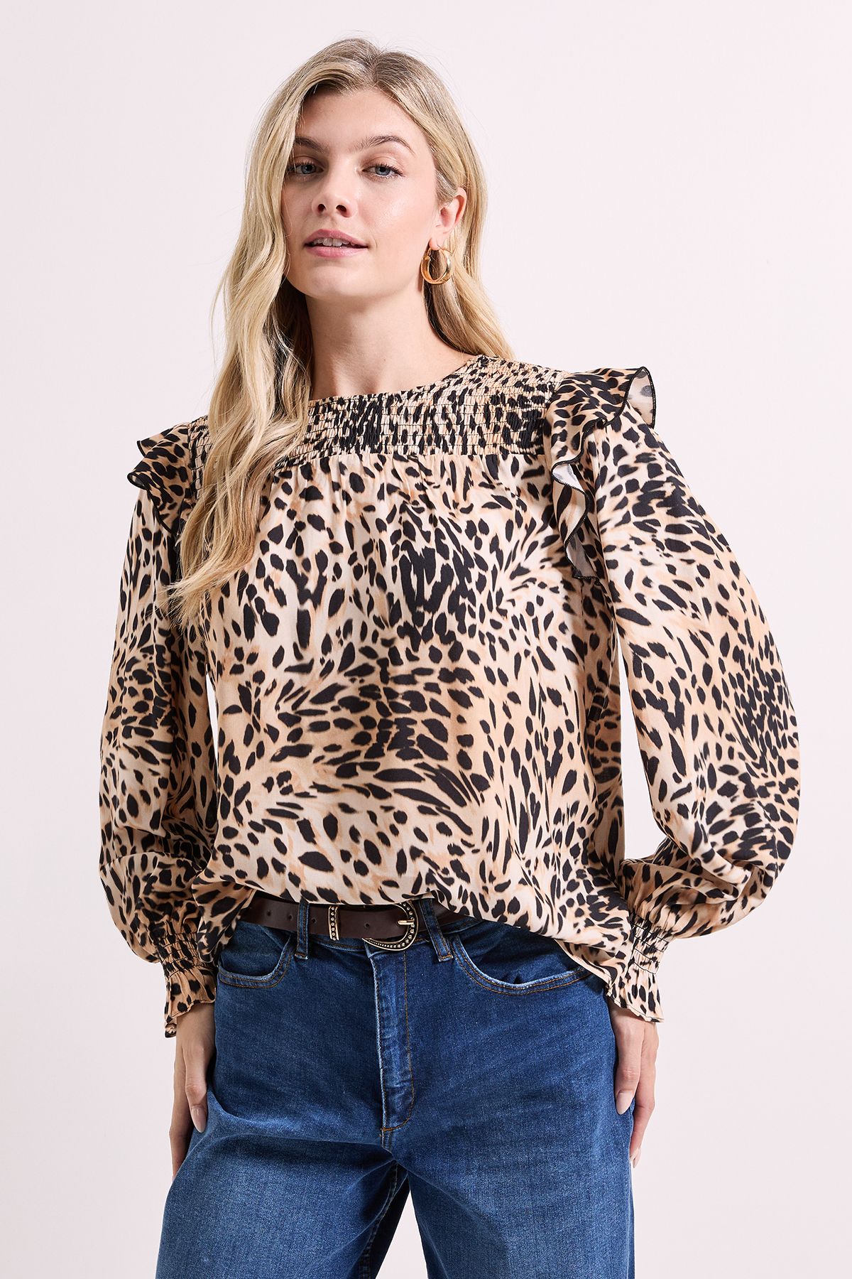 Dorothy Perkins Animal Printed Shirred Yoke Frill Detail Top
