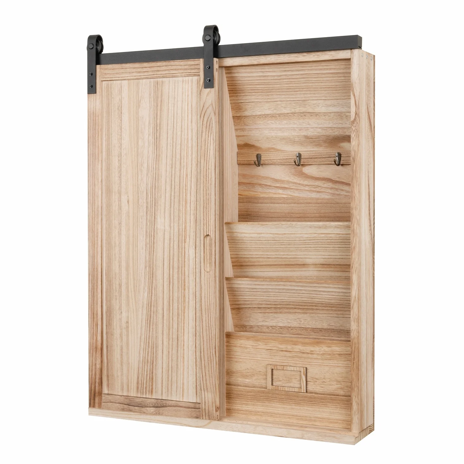 OS Home and Office Furniture Model Solid Wood Barn Door Style Wall Organizer with Corkboard and Letter and Key Storage