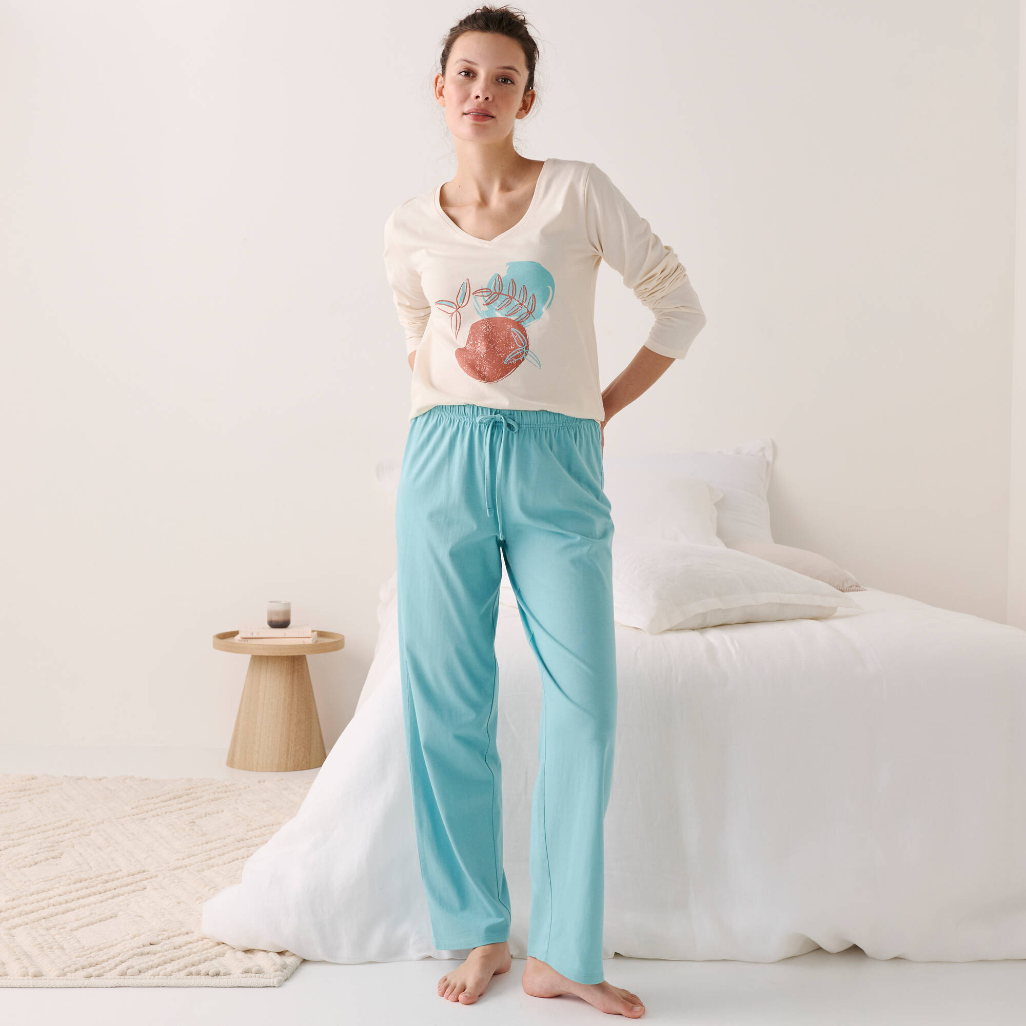 Pantalon pyjama coton uni avec lien à nouer