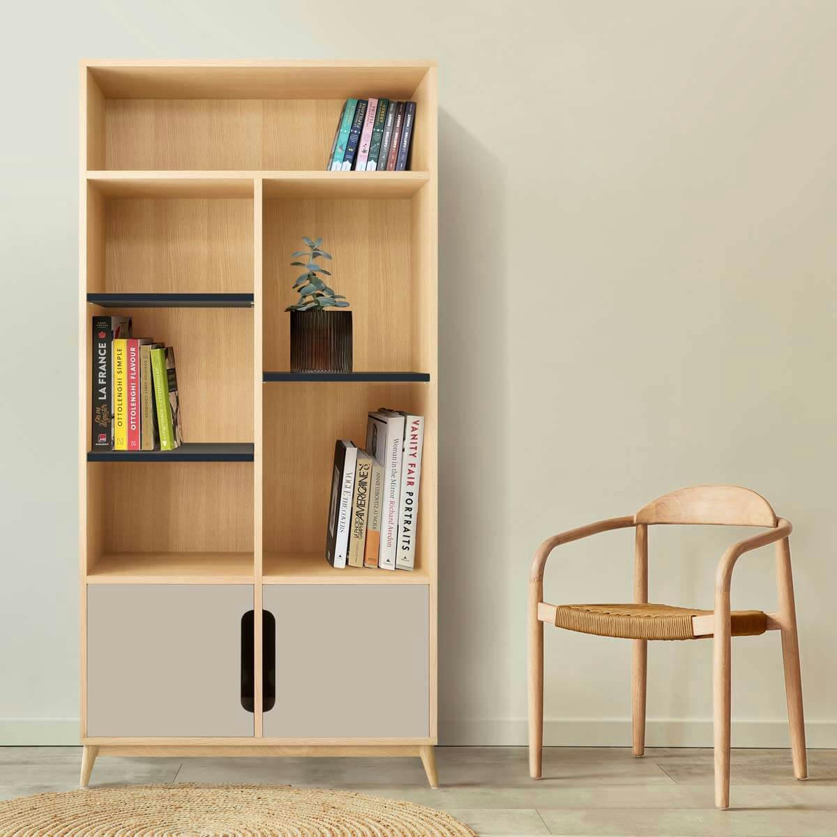 BOOK - Bibliotheque peu profonde bicolore beige/ gris, 2 portes- 175*86*40.