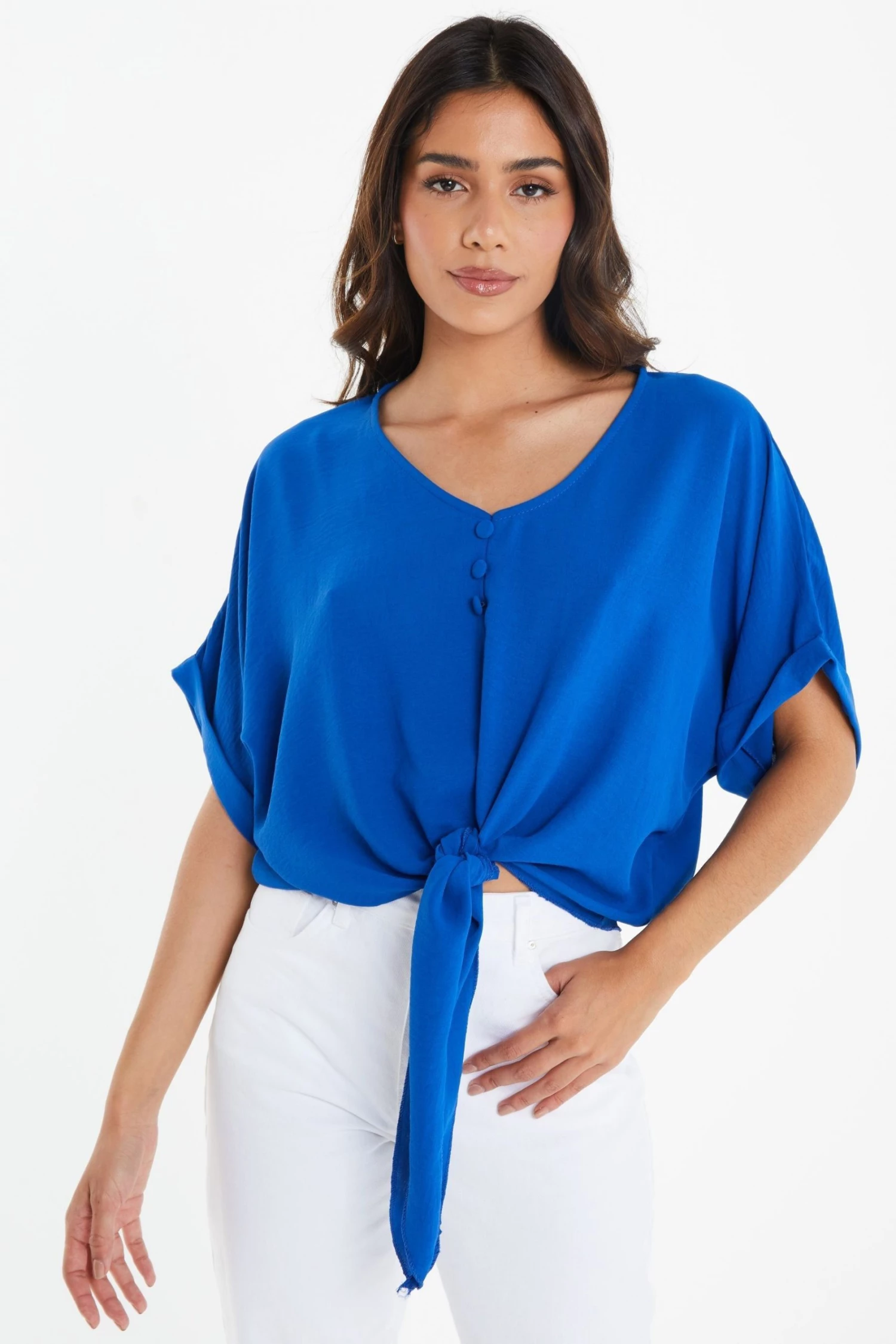 Quiz Blue Button Detail Tie Front Top