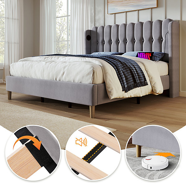 Lit Double 180 x 200 Cm - Lit Adult avec Chargement USB Type-C - Lin, MDF, Métal - Sans Matelas - Gris