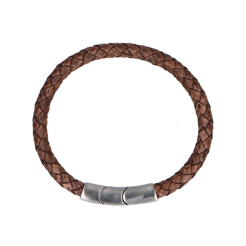 Manfield Bruine leren gevlochten heren armband