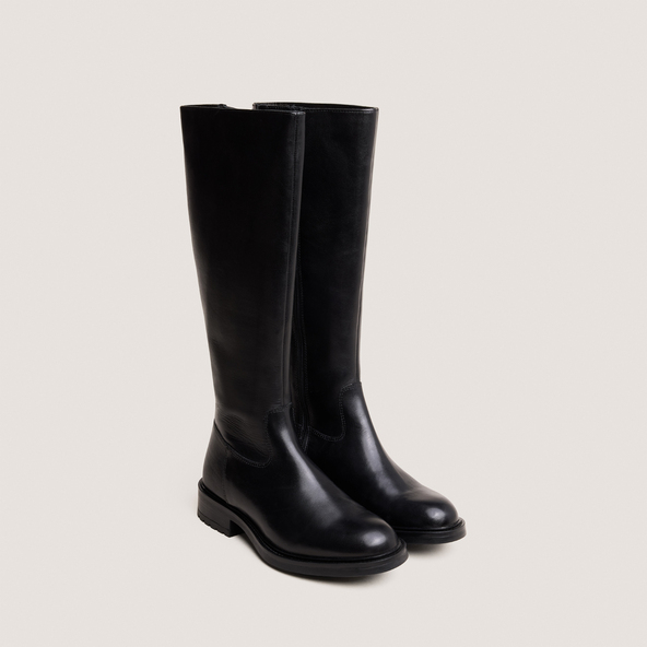 Bottes à talons crantésen cuir noir | GRACIANA