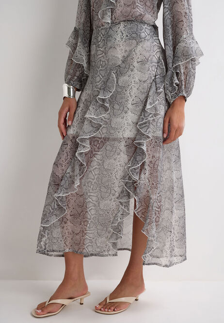 Womens Grey Snake Print Ruffle Sheer Midi Skirt