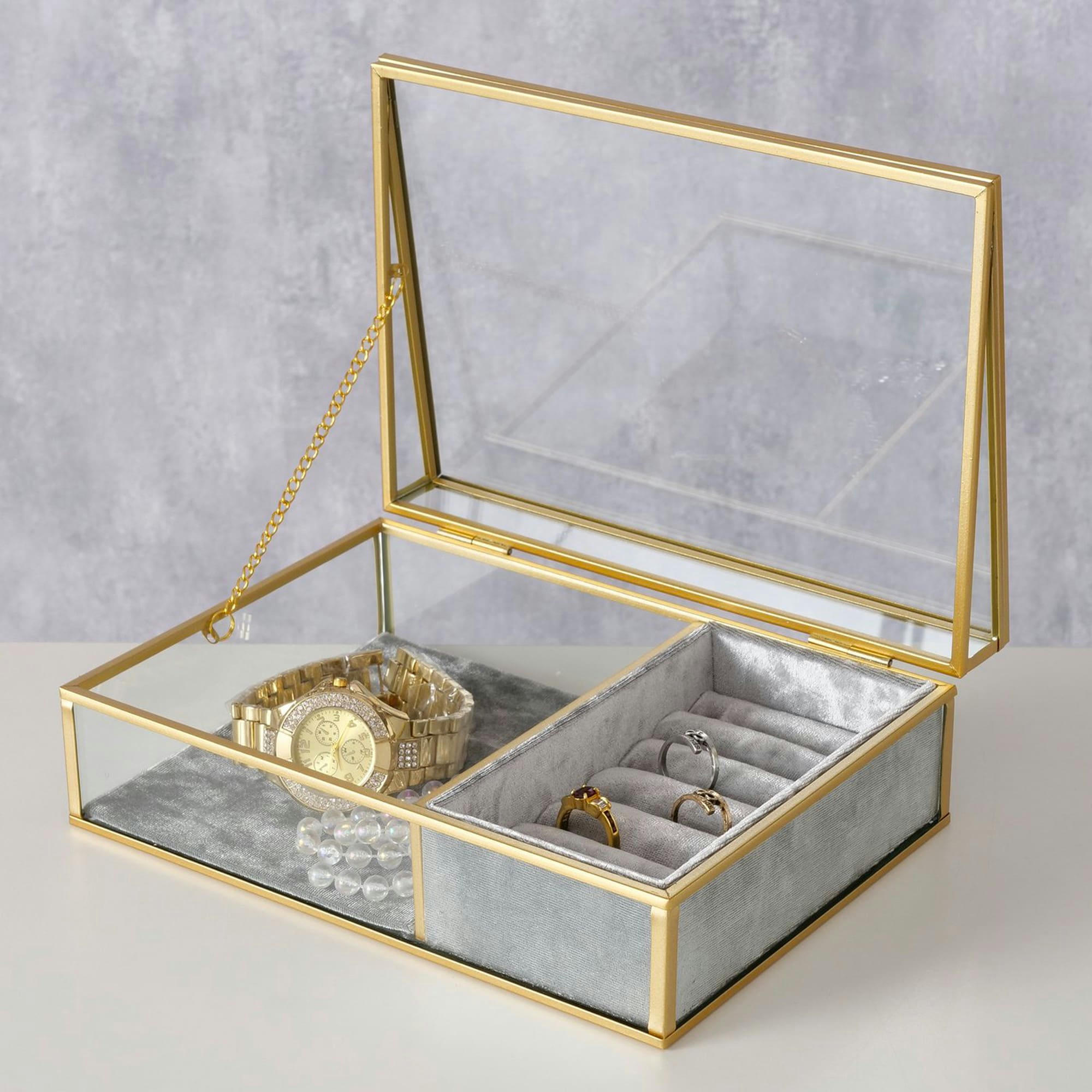 - Boîte à bijoux en métal doré, verre et velours gris 23x16x8cm
