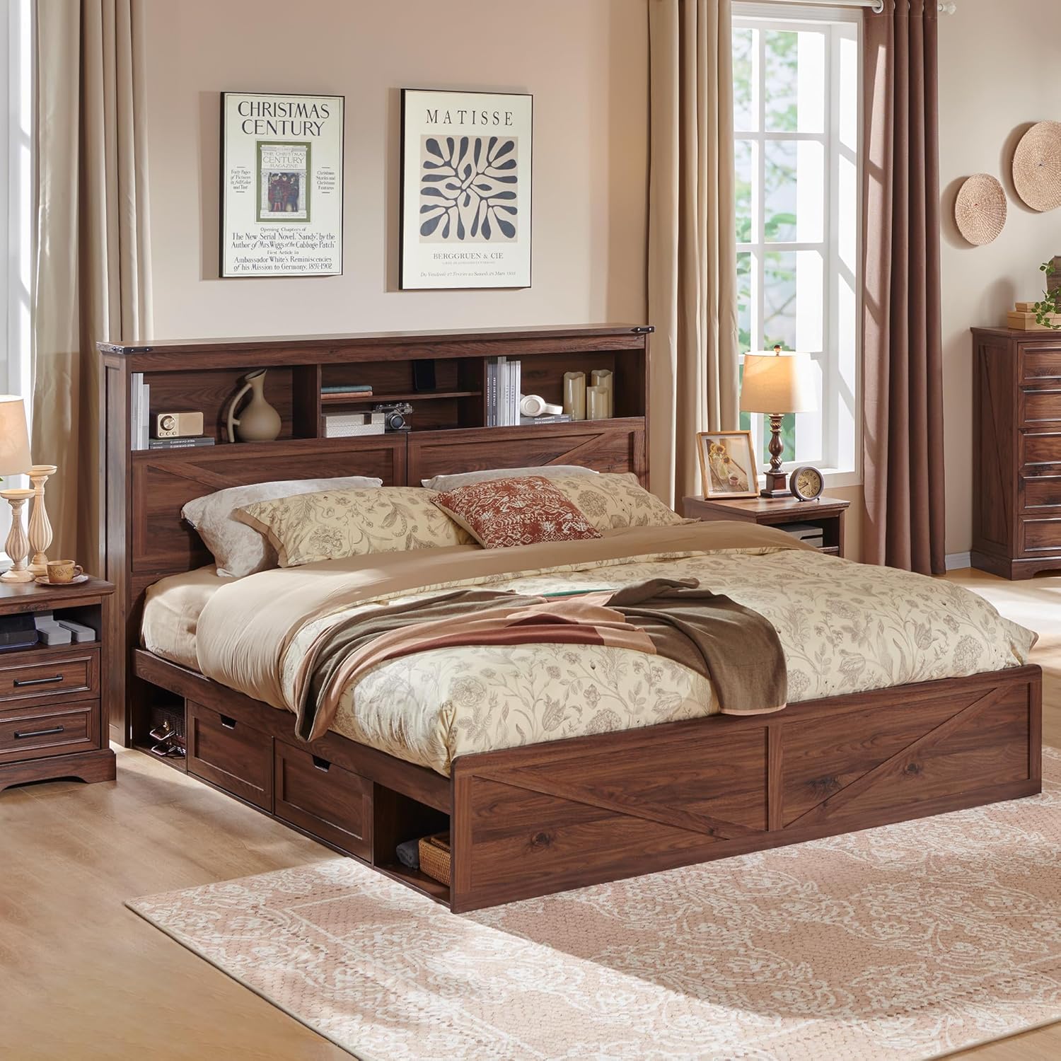 ACCOHOHO Farmhouse King Size Bed Frame with 52 Tall Storage Headboard and LED Light,Wood Platform Bed Frame with 4 Drawers and Charging Station,Solid Wood Slats Support,No Box Spring Needed,Brown