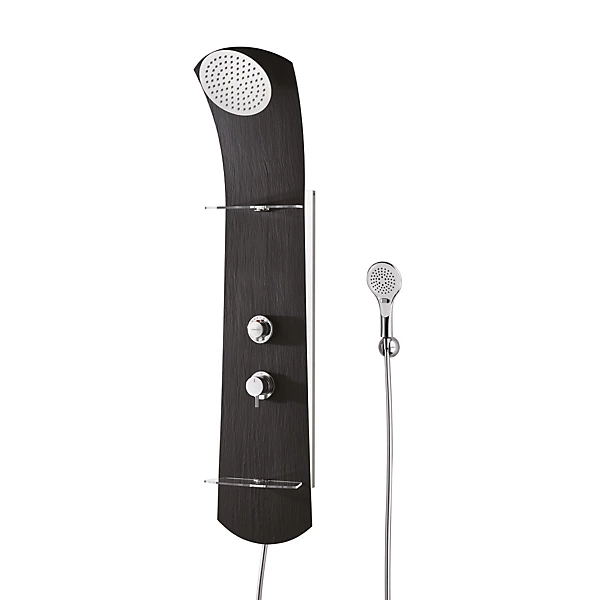 Colonne de douche thermostatique avec tablettes, pomme de tête, douchette et flexible, noir, Valentin Nautilus