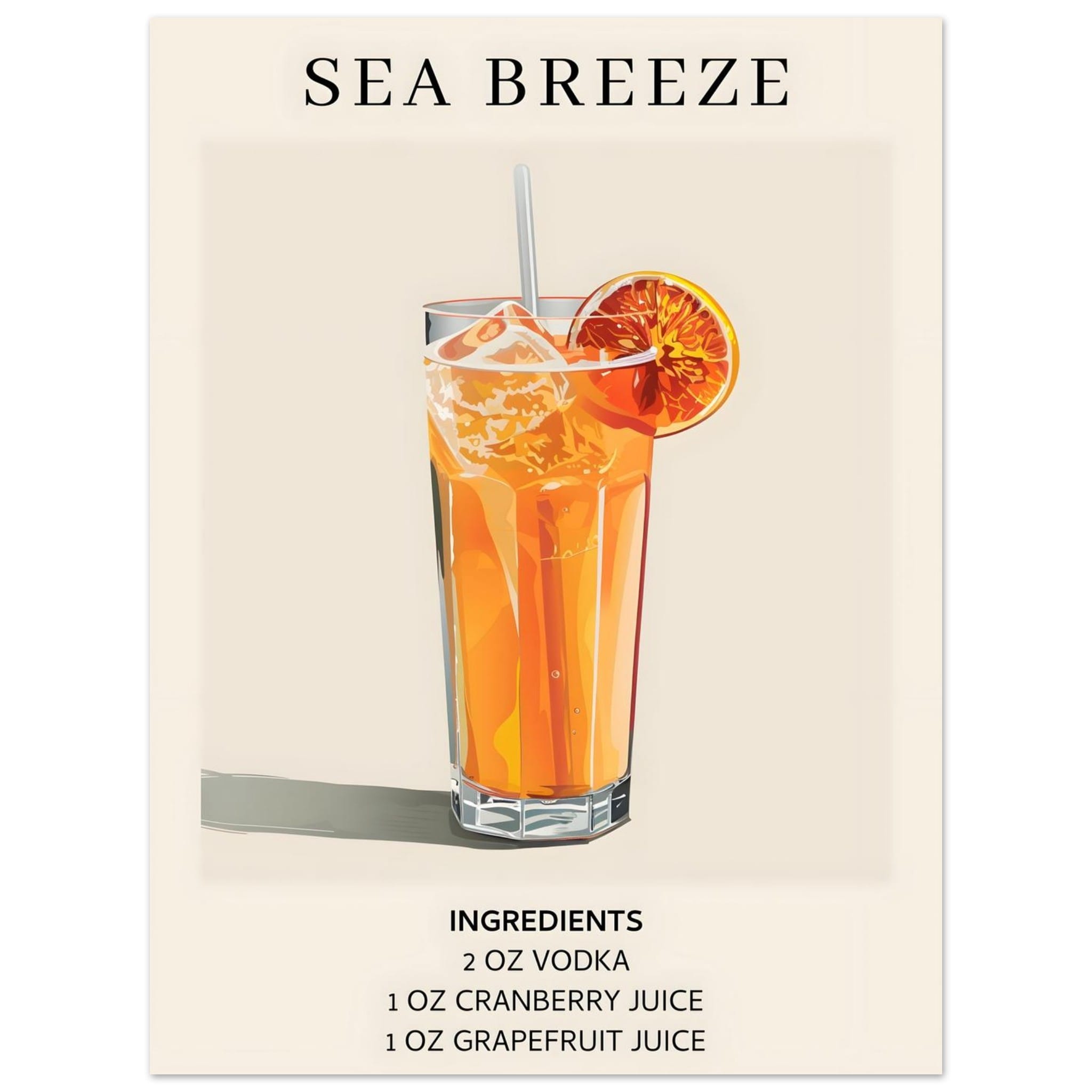 Artfulprints Poster Sea Breeze cocktail - Ingrediënten  - 30x40 cm - Oranje