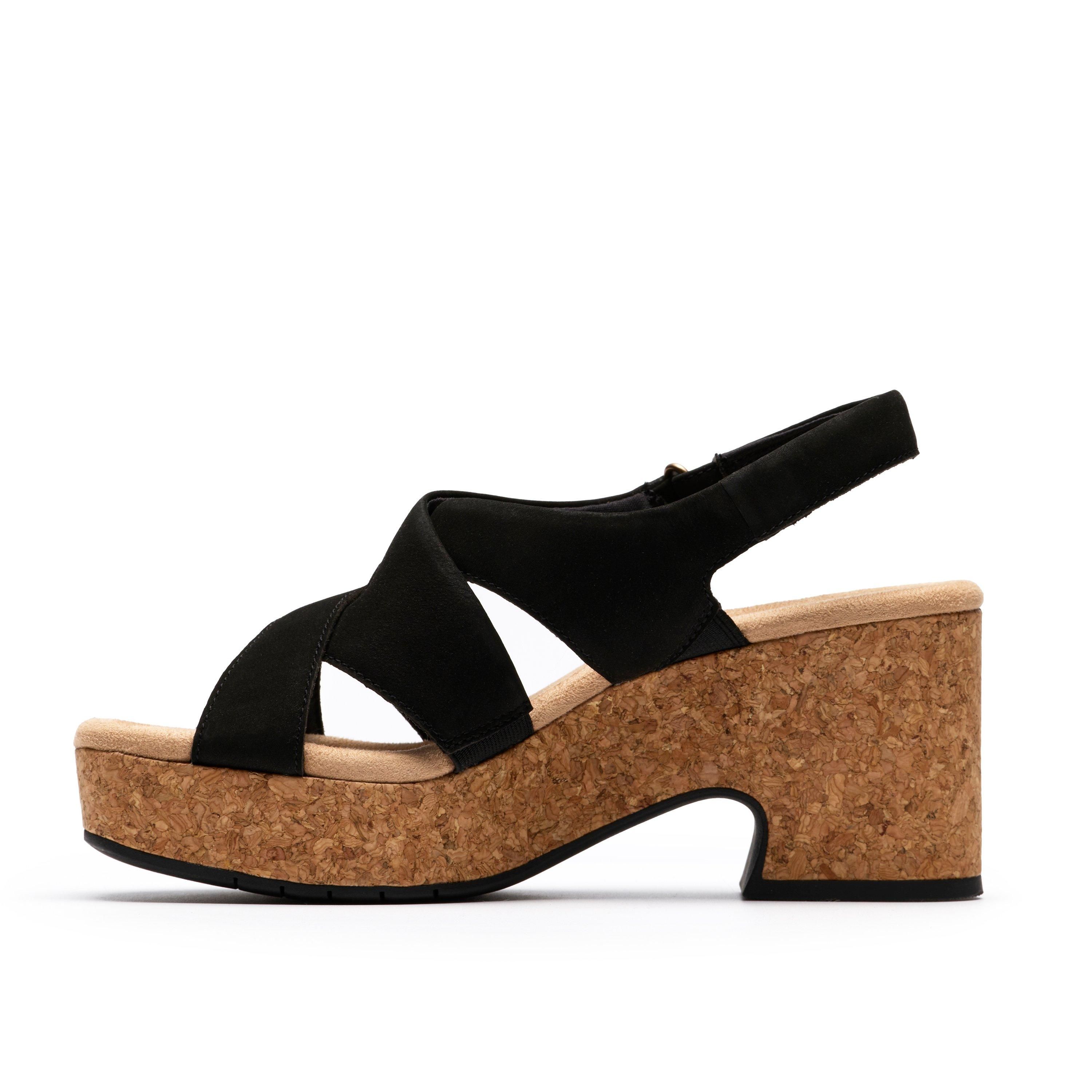 Clarks Nerisa Grace Black Nubuck Heeled Sandals,Wedge Sandals