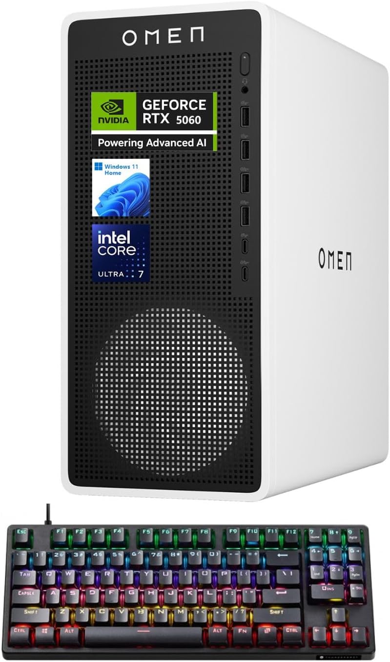 HP Omen 16L TG03 RTX 5060 Gaming Desktop  Intel Ultra 7 265F (Beats Intel i7-14700F)  16GB DDR5 RAM  1TB SSD  OMEN Gaming HUB  Bundle with Thunderobot KG3089R Gaming KB  Black