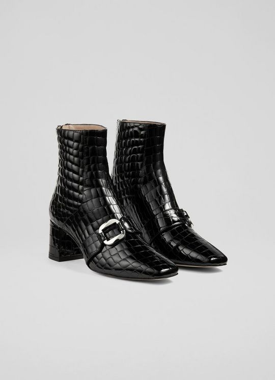 Nadima Black Patent Croc Leather Ankle Boots