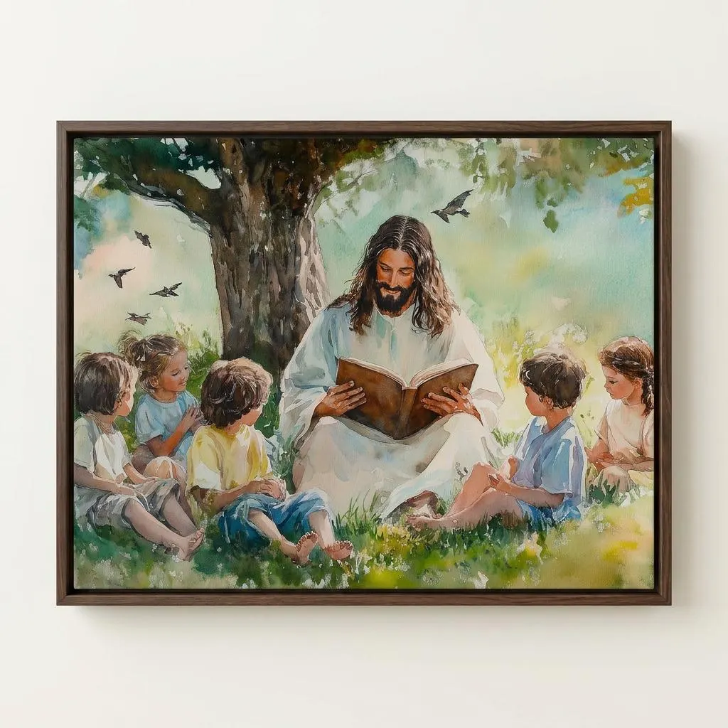 Jesus Reading to Children Watercolor Art – Christian Nursery Decor, Religious Canvas Print