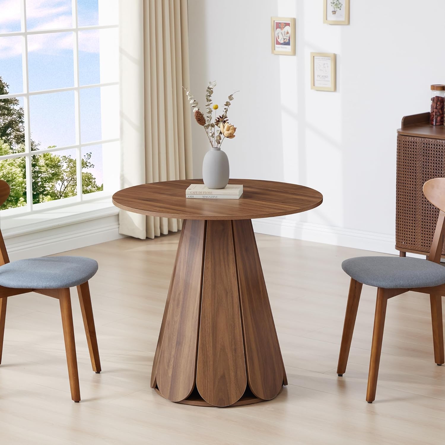 31.5 Round Dining Table for 2-4 People, Modern Small Kitchen & Dining Room Table with Pedestal Base, Space Saving Farmhouse Wood Table for Apartment & Small Spaces, Walnut