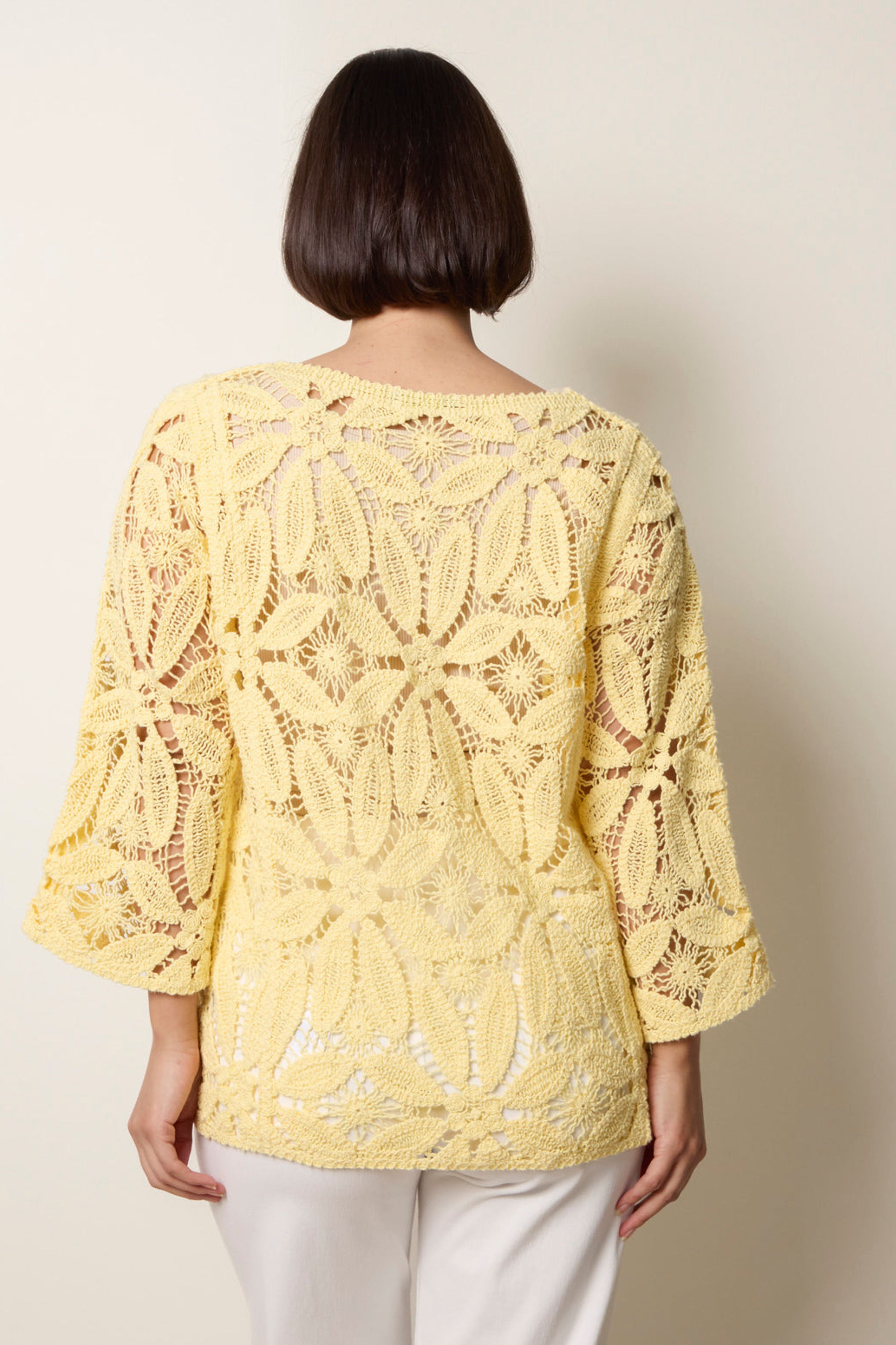 Blue Vanilla Lemon Flower Crochet Long Sleeve Top