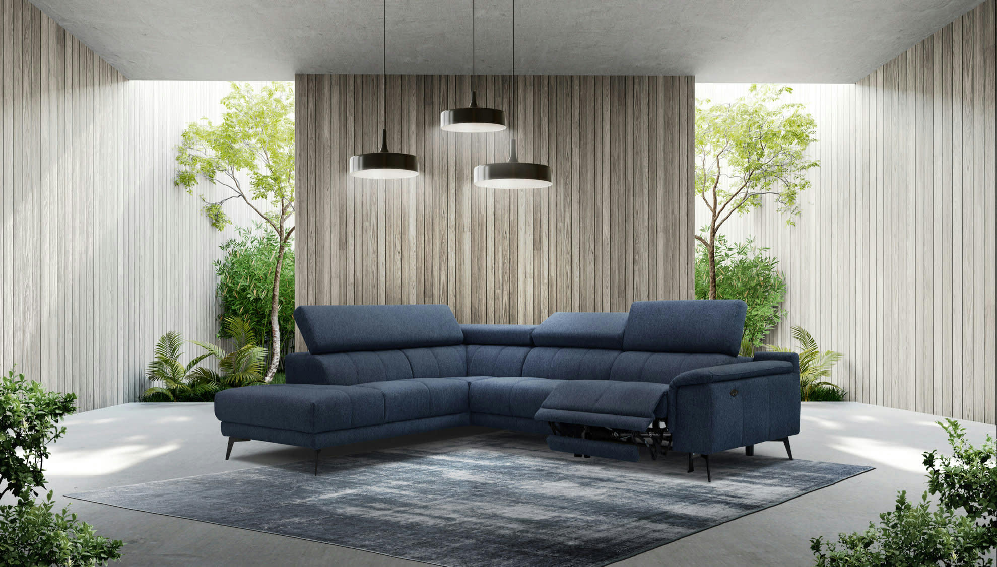 FIERO - Canapé d'angle gauche 5 places relax électrique tissu bleu foncé
