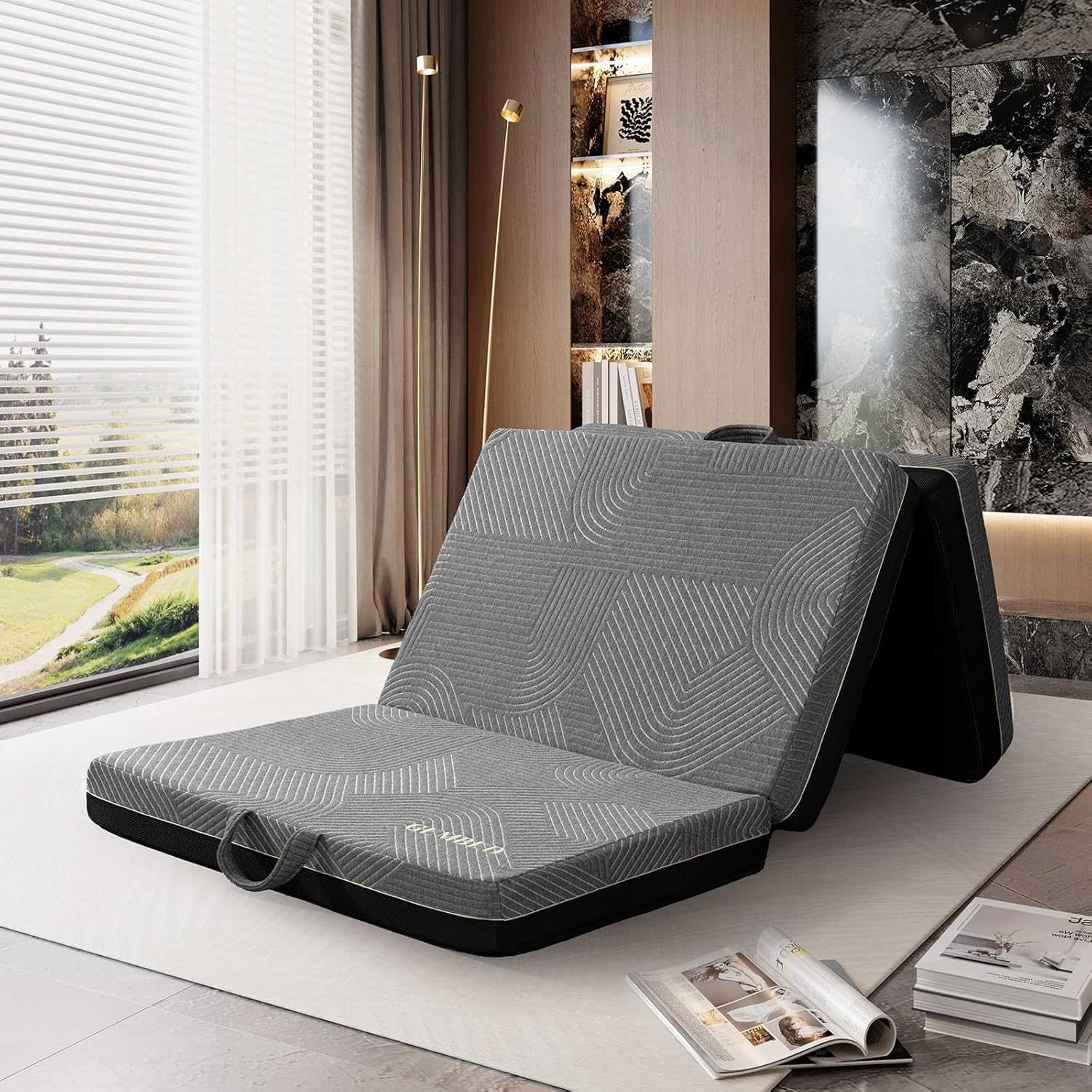 Tri Folding Mattress Queen Size - Memory Foam Tri-fold Mattres, Handle & Non-Slip Bottom, Portable Foldable Sofa Bed Floor Chair for Travel RV Camping Guest Yoga - 4 Inch, 78x58x4
