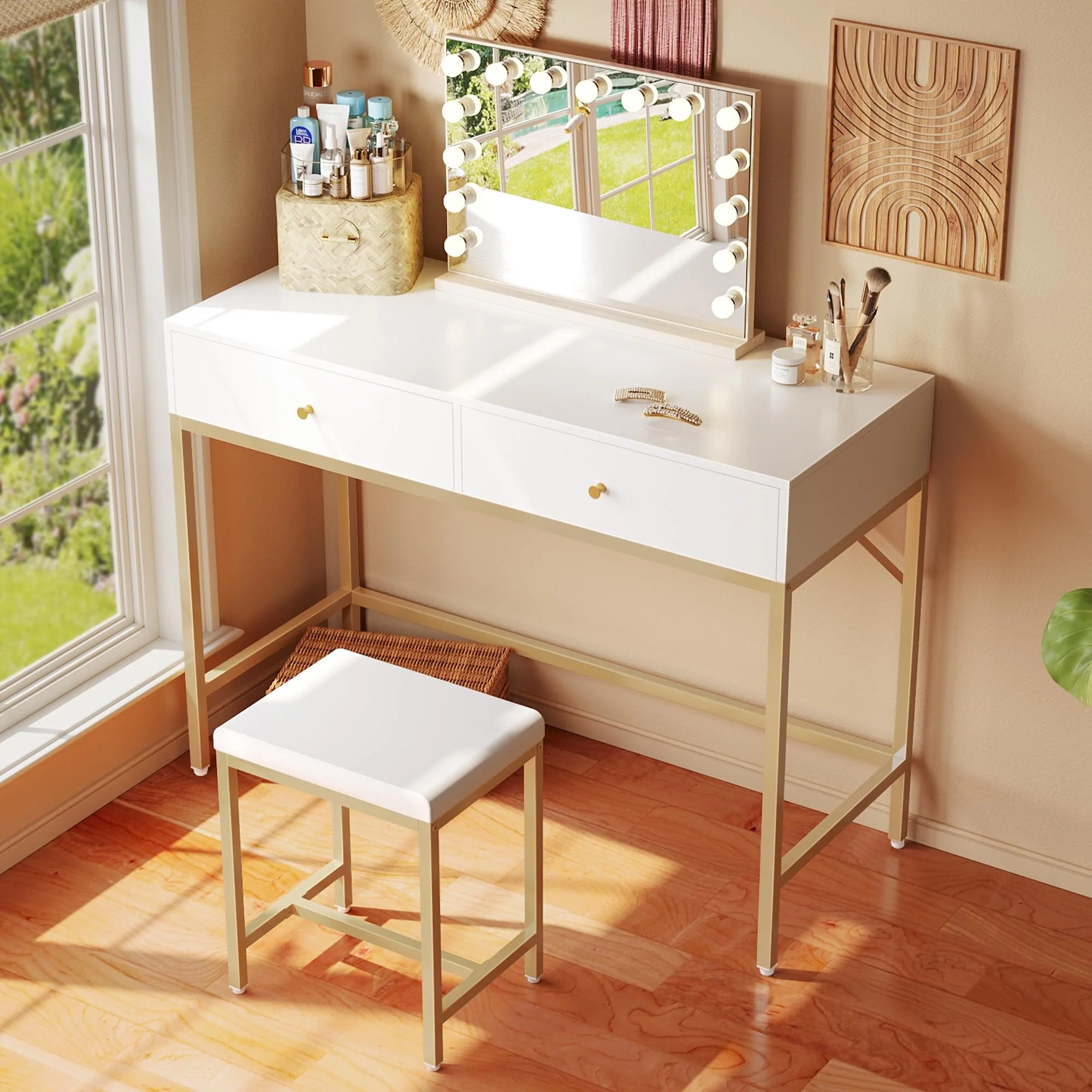 White Gold 35.4 Inch Modern Desk with 2 Drawers Padded Stool Makeup Vanity Computer Writing Table for Home Office Bedroom