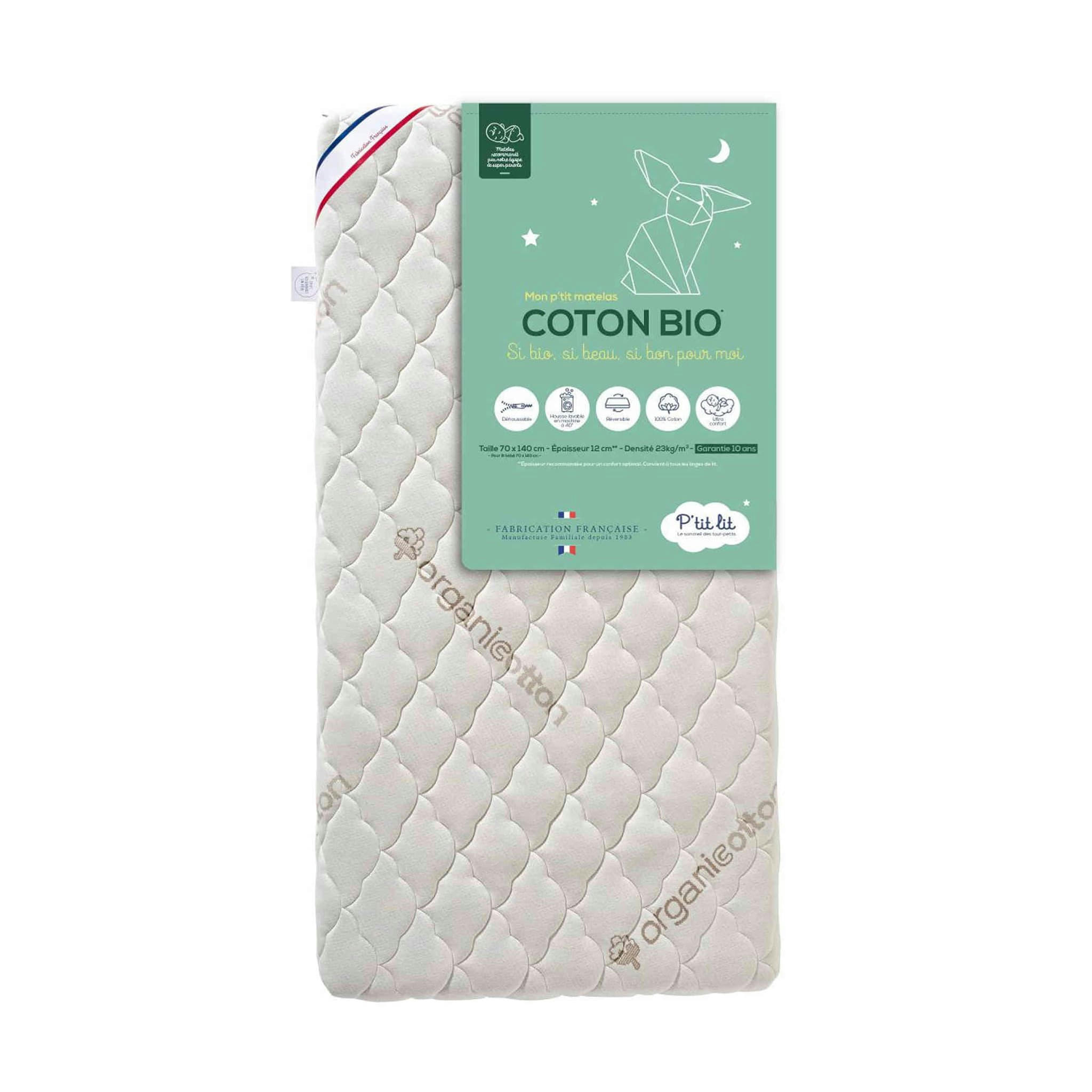 - Matelas déhoussable coton bio, 12cm 12 cm 60x120